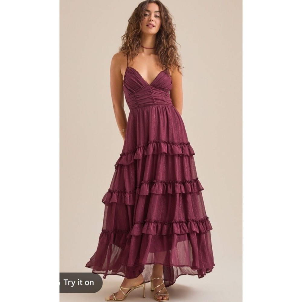Arula 1X Wine Estelle Shimmer tiered Maxi dress sleeveless wedding NEW